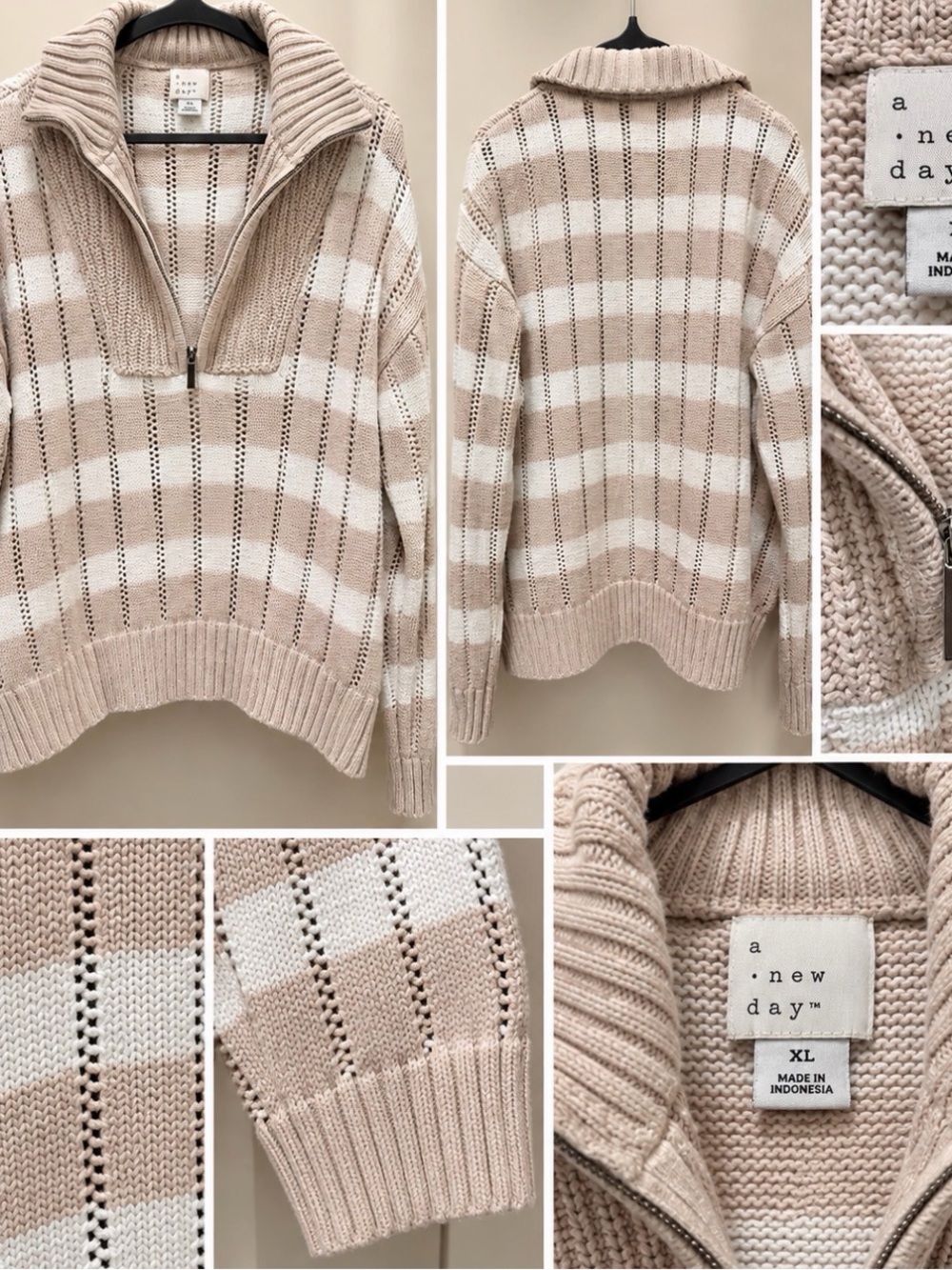 a new day Beige & White Striped V‑Neck Half‑Zip Sweater
